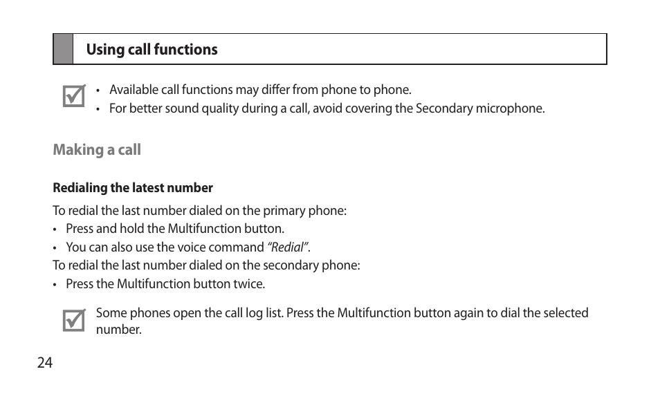 Using call functions | Samsung BHM7000NBACSTA User Manual | Page 26 / 86