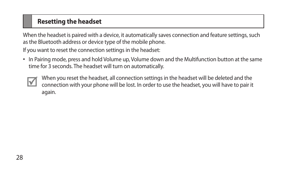 Resetting the headset | Samsung BHM7000NBACSTA User Manual | Page 30 / 86