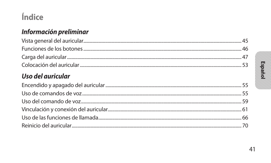 Español, Índice | Samsung BHM7000NBACSTA User Manual | Page 43 / 86