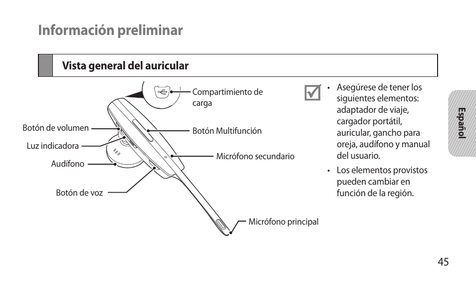Información preliminar, Vista general del auricular | Samsung BHM7000NBACSTA User Manual | Page 47 / 86