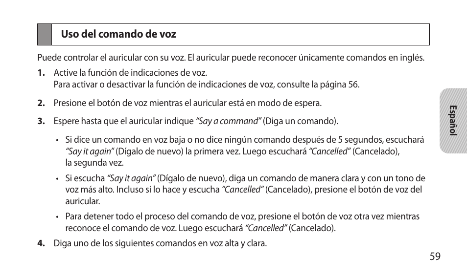 Uso del comando de voz | Samsung BHM7000NBACSTA User Manual | Page 61 / 86