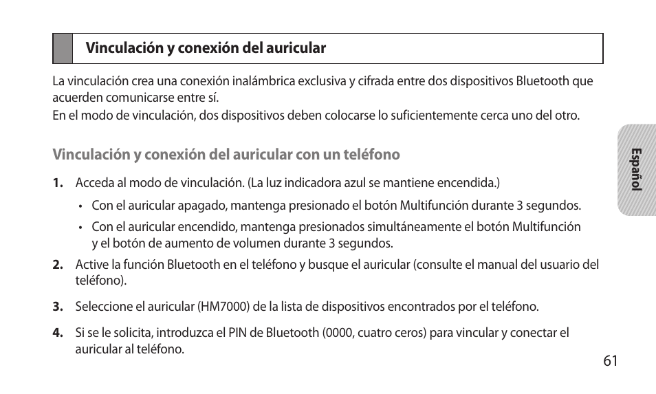 Vinculación y conexión del auricular | Samsung BHM7000NBACSTA User Manual | Page 63 / 86