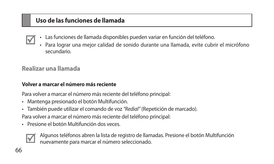 Uso de las funciones de llamada | Samsung BHM7000NBACSTA User Manual | Page 68 / 86