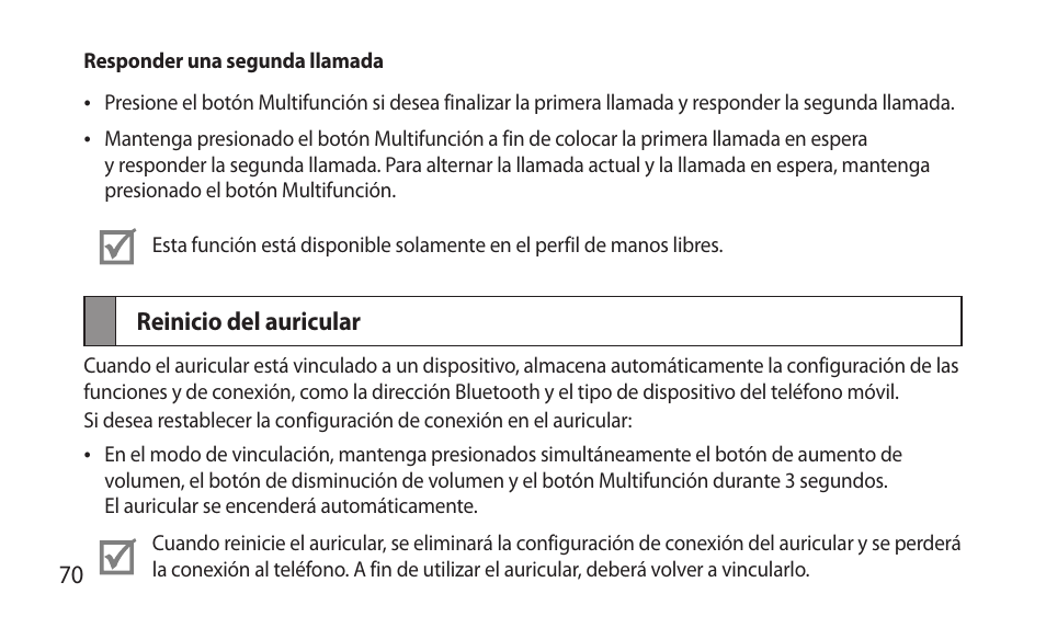 Reinicio del auricular | Samsung BHM7000NBACSTA User Manual | Page 72 / 86