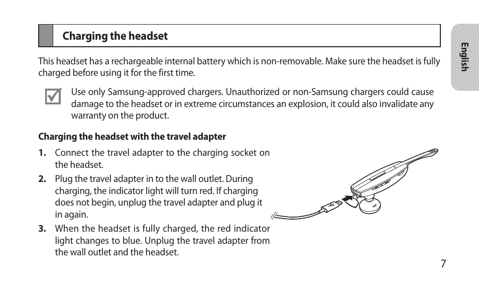 Charging the headset | Samsung BHM7000NBACSTA User Manual | Page 9 / 86