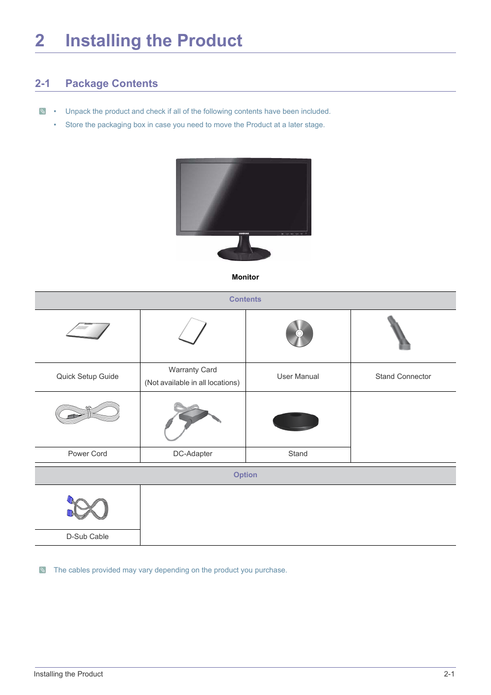 2 installing the product, 1 package contents, Installing the product | Package contents -1, 2installing the product | Samsung LS22B150NS-ZL User Manual | Page 11 / 46