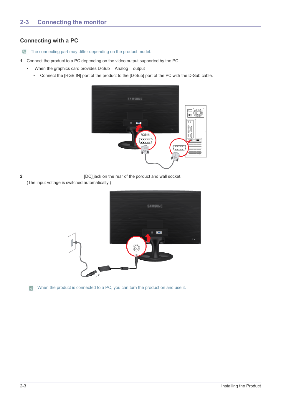 3 connecting the monitor, Connecting the monitor -3, Connecting with a pc | Samsung LS22B150NS-ZL User Manual | Page 14 / 46