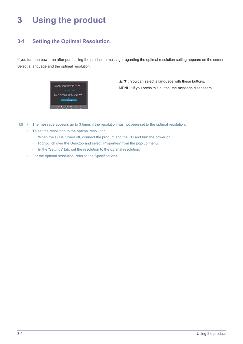 3 using the product, 1 setting the optimal resolution, Using the product | Setting the optimal resolution -1, 3using the product | Samsung LS22B150NS-ZL User Manual | Page 16 / 46