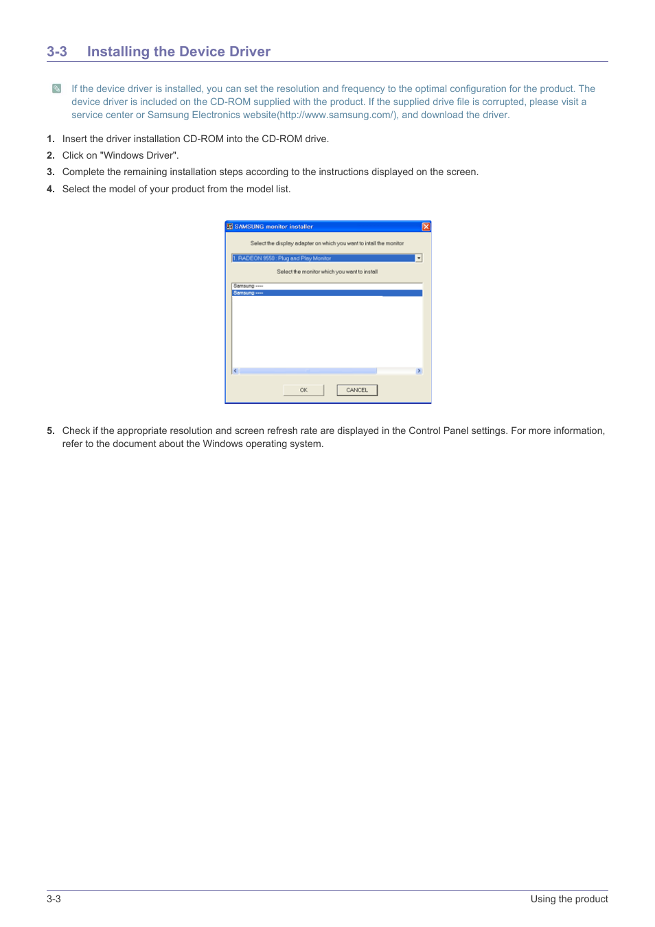 3 installing the device driver, Installing the device driver -3 | Samsung LS22B150NS-ZL User Manual | Page 20 / 46