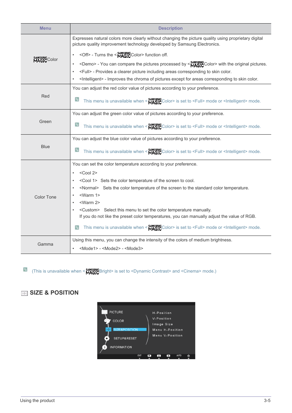 Size & position | Samsung LS22B150NS-ZL User Manual | Page 25 / 46