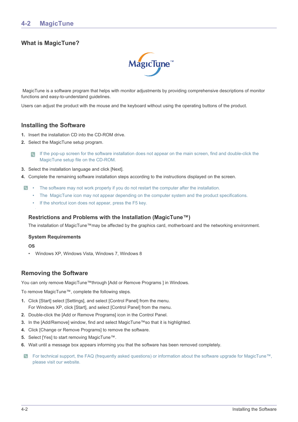 2 magictune, Magictune -2, What is magictune | Installing the software, Removing the software | Samsung LS22B150NS-ZL User Manual | Page 30 / 46
