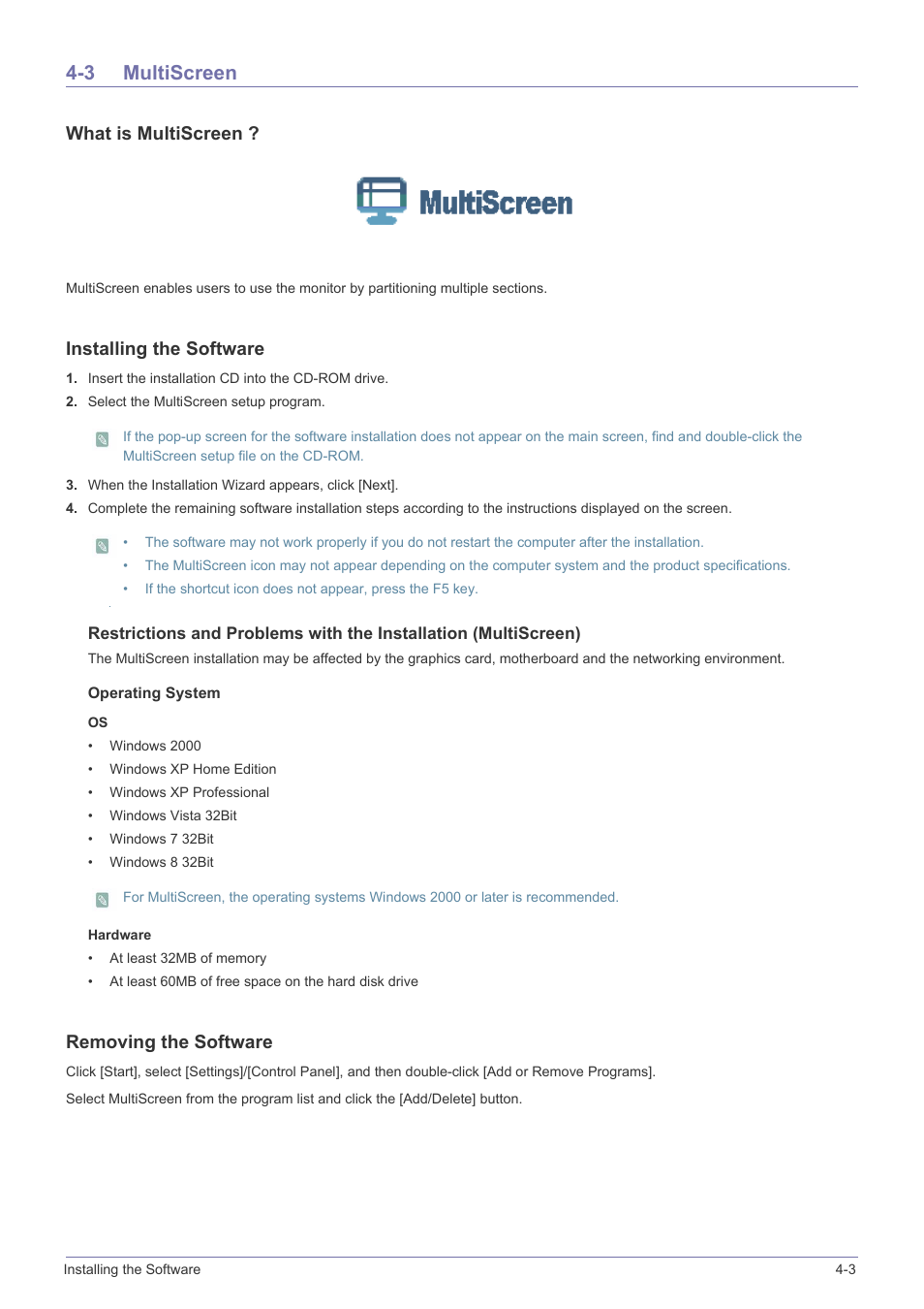 3 multiscreen, Multiscreen -3, What is multiscreen | Installing the software, Removing the software | Samsung LS22B150NS-ZL User Manual | Page 31 / 46