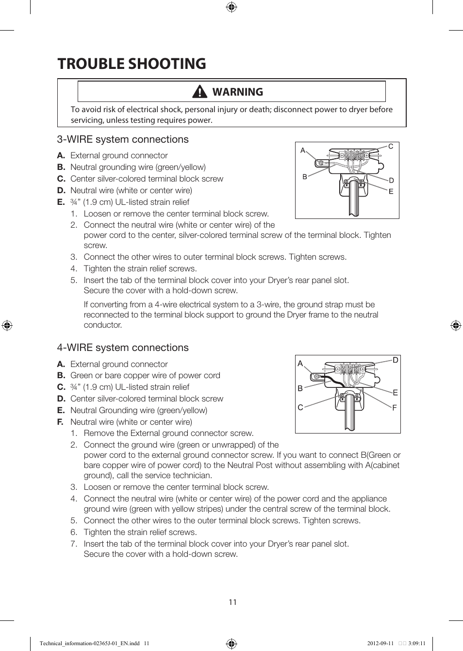 Trouble shooting, Warning | Samsung DV361GWBEWR-A3 User Manual | Page 11 / 36