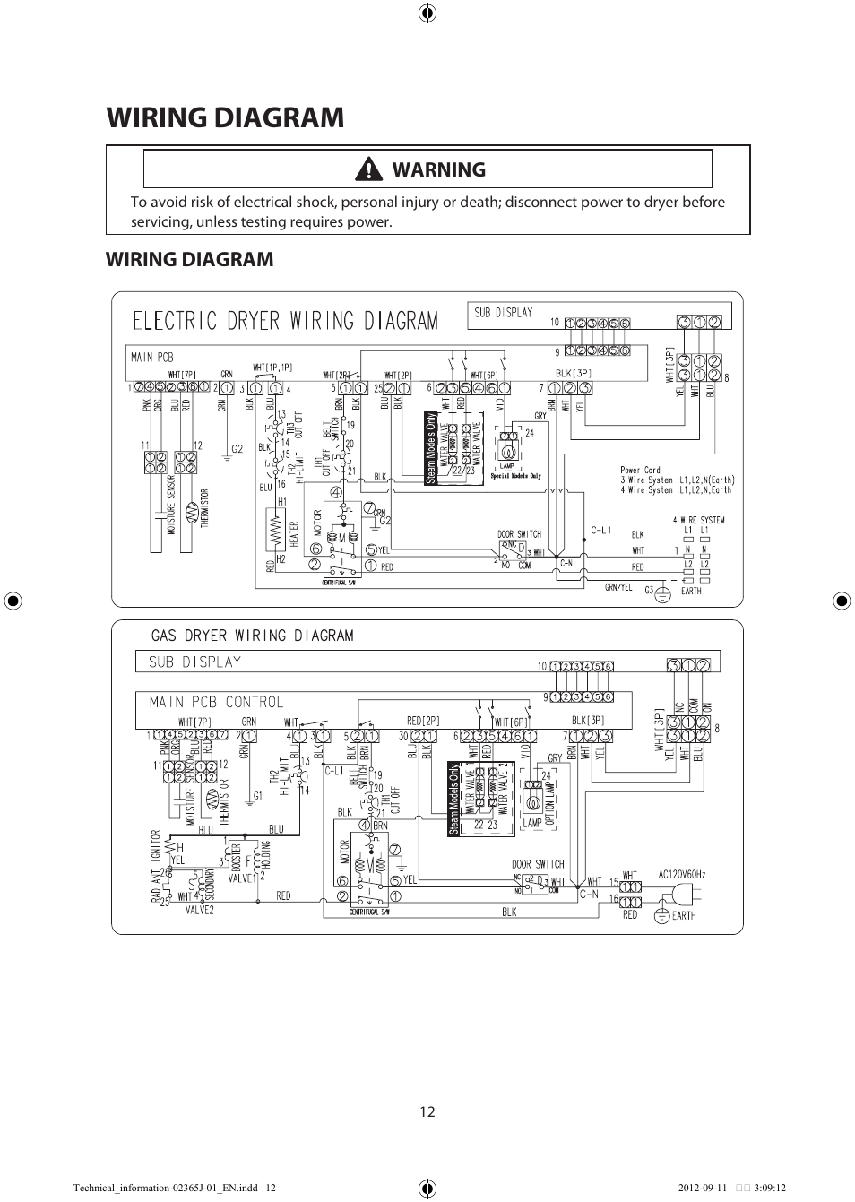 Wiring diagram, Warning | Samsung DV361GWBEWR-A3 User Manual | Page 12 / 36