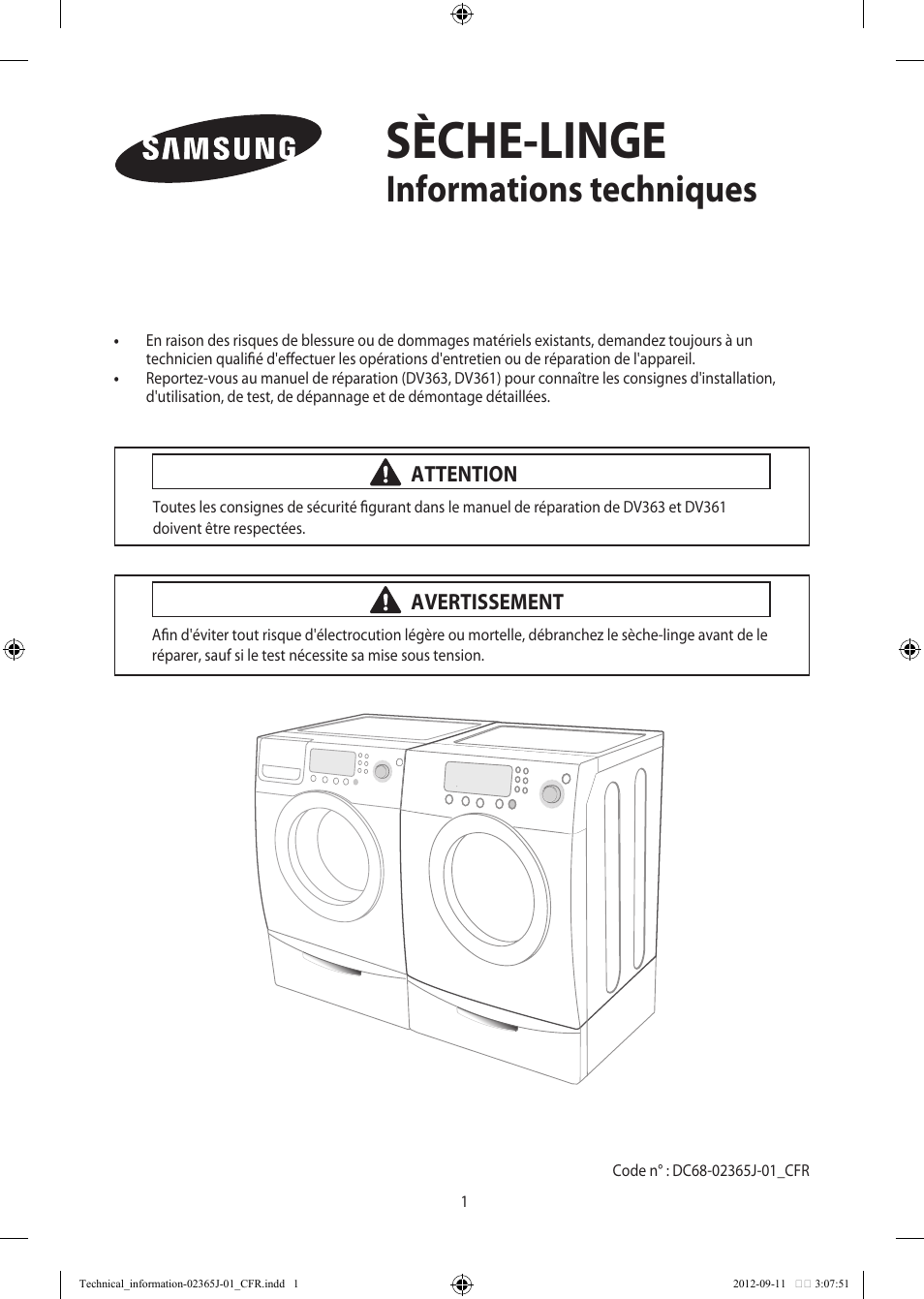 Sèche-linge, Informations techniques | Samsung DV361GWBEWR-A3 User Manual | Page 13 / 36