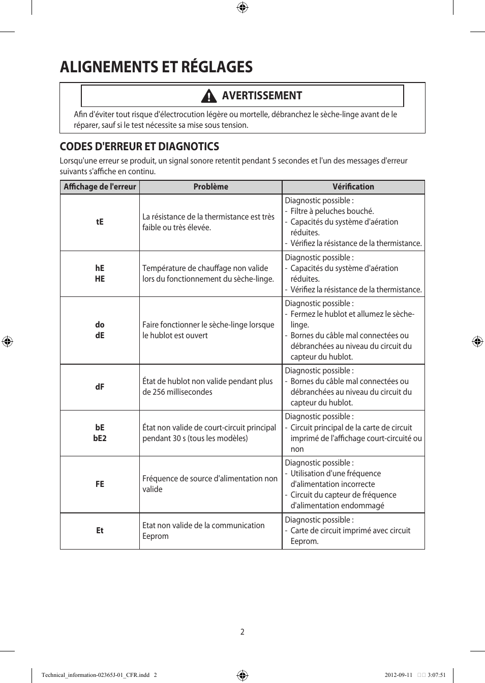 Alignements et réglages, Codes d'erreur et diagnotics, Avertissement | Samsung DV361GWBEWR-A3 User Manual | Page 14 / 36