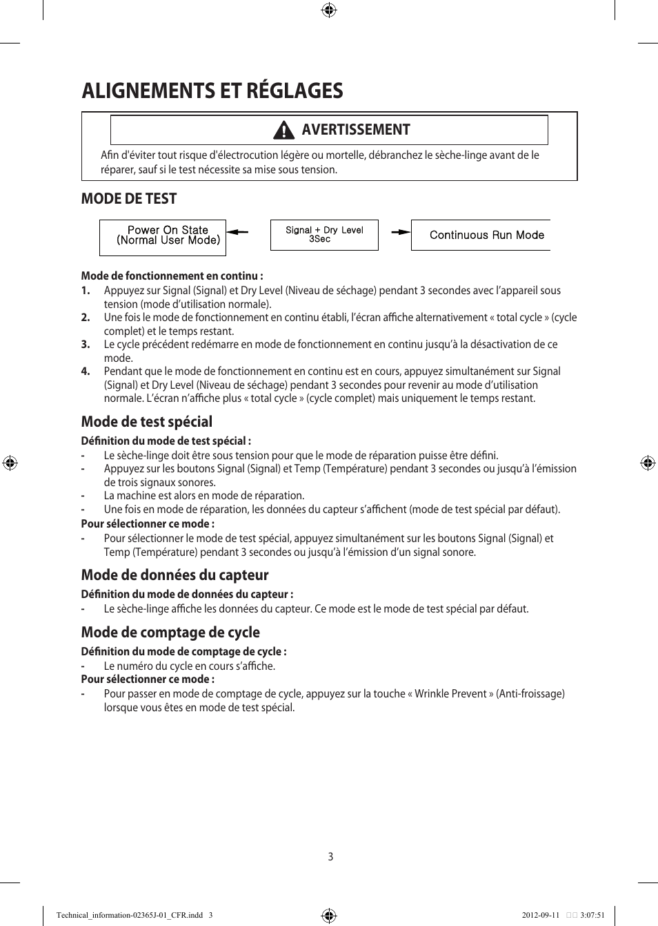 Alignements et réglages, Mode de test, Mode de test spécial | Mode de données du capteur, Mode de comptage de cycle, Avertissement | Samsung DV361GWBEWR-A3 User Manual | Page 15 / 36