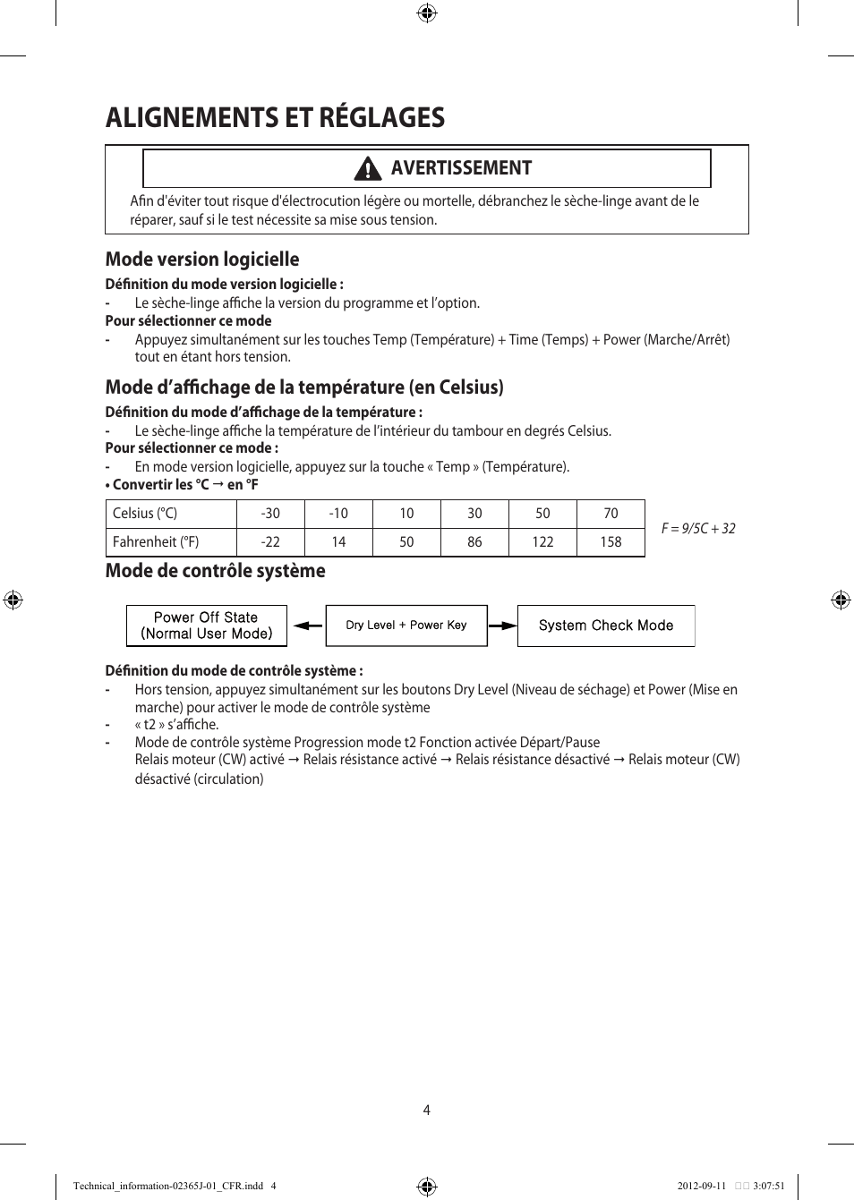 Alignements et réglages, Mode version logicielle, Mode d’affichage de la température (en celsius) | Mode de contrôle système, Avertissement | Samsung DV361GWBEWR-A3 User Manual | Page 16 / 36