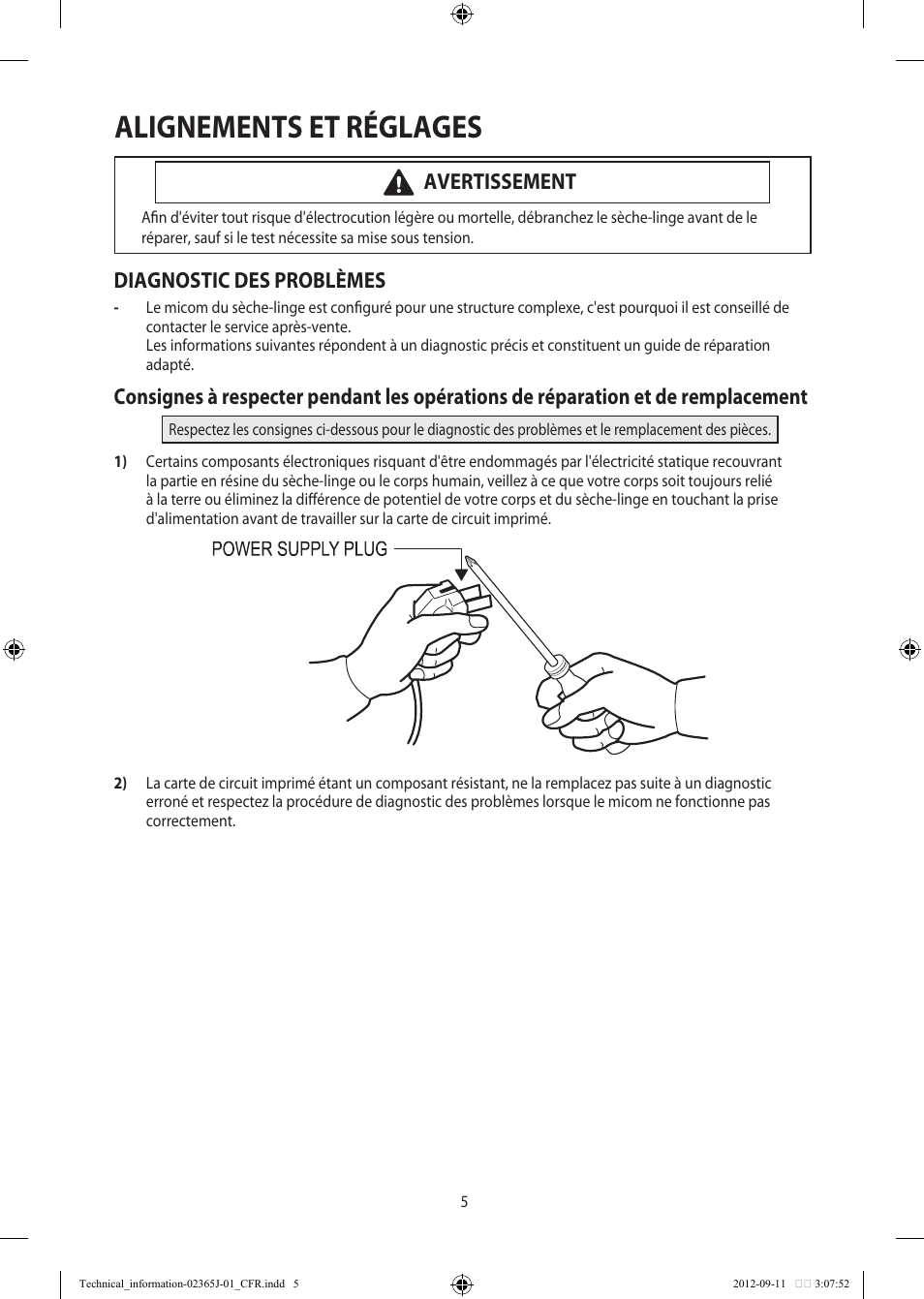 Alignements et réglages, Diagnostic des problèmes, Avertissement | Samsung DV361GWBEWR-A3 User Manual | Page 17 / 36