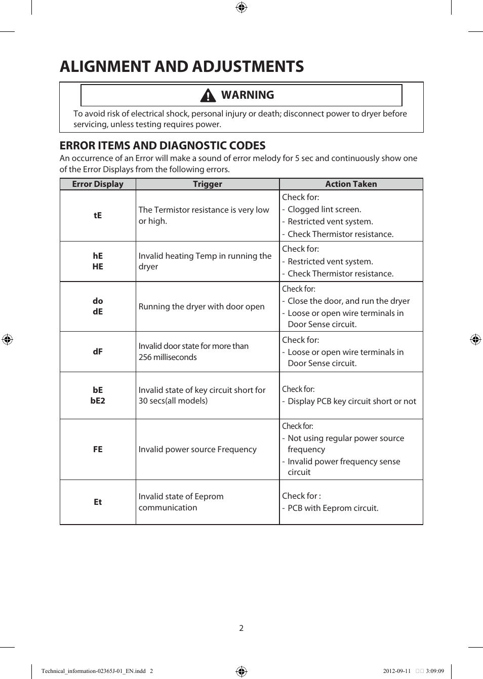 Alignment and adjustments, Error items and diagnostic codes, Warning | Samsung DV361GWBEWR-A3 User Manual | Page 2 / 36