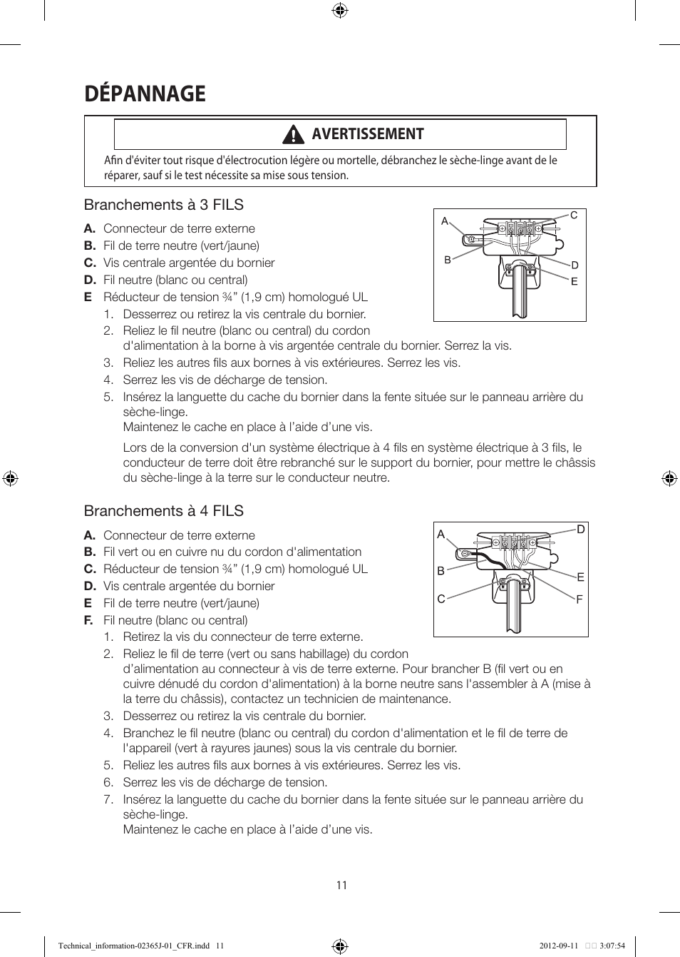Dépannage, Avertissement | Samsung DV361GWBEWR-A3 User Manual | Page 23 / 36