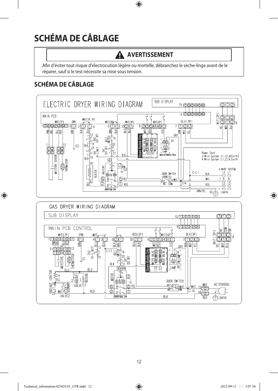 Schéma de câblage, Avertissement | Samsung DV361GWBEWR-A3 User Manual | Page 24 / 36