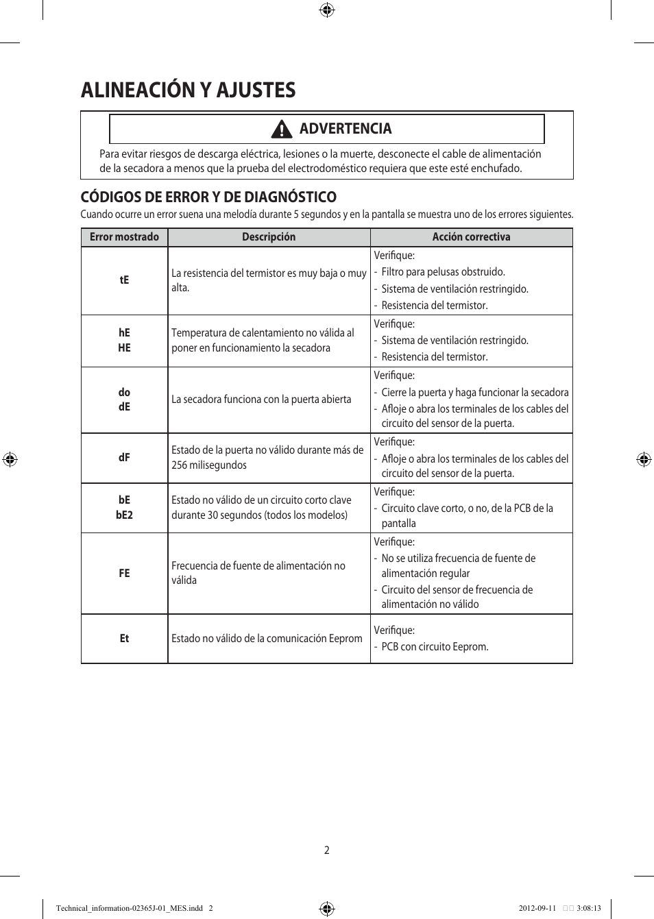 Alineación y ajustes, Códigos de error y de diagnóstico, Advertencia | Samsung DV361GWBEWR-A3 User Manual | Page 26 / 36