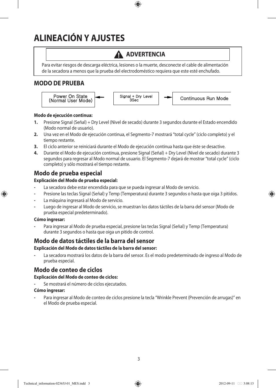 Alineación y ajustes, Modo de prueba, Modo de prueba especial | Modo de datos táctiles de la barra del sensor, Modo de conteo de ciclos, Advertencia | Samsung DV361GWBEWR-A3 User Manual | Page 27 / 36