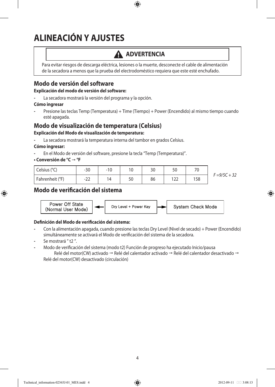 Alineación y ajustes, Modo de versión del software, Modo de visualización de temperatura (celsius) | Modo de verificación del sistema, Advertencia | Samsung DV361GWBEWR-A3 User Manual | Page 28 / 36