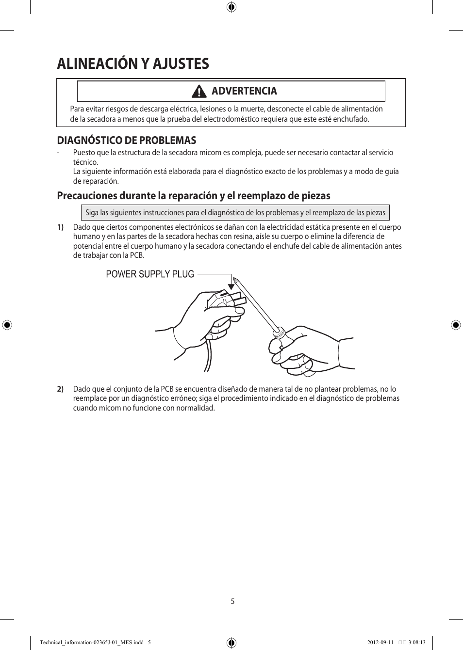 Alineación y ajustes, Diagnóstico de problemas, Advertencia | Samsung DV361GWBEWR-A3 User Manual | Page 29 / 36