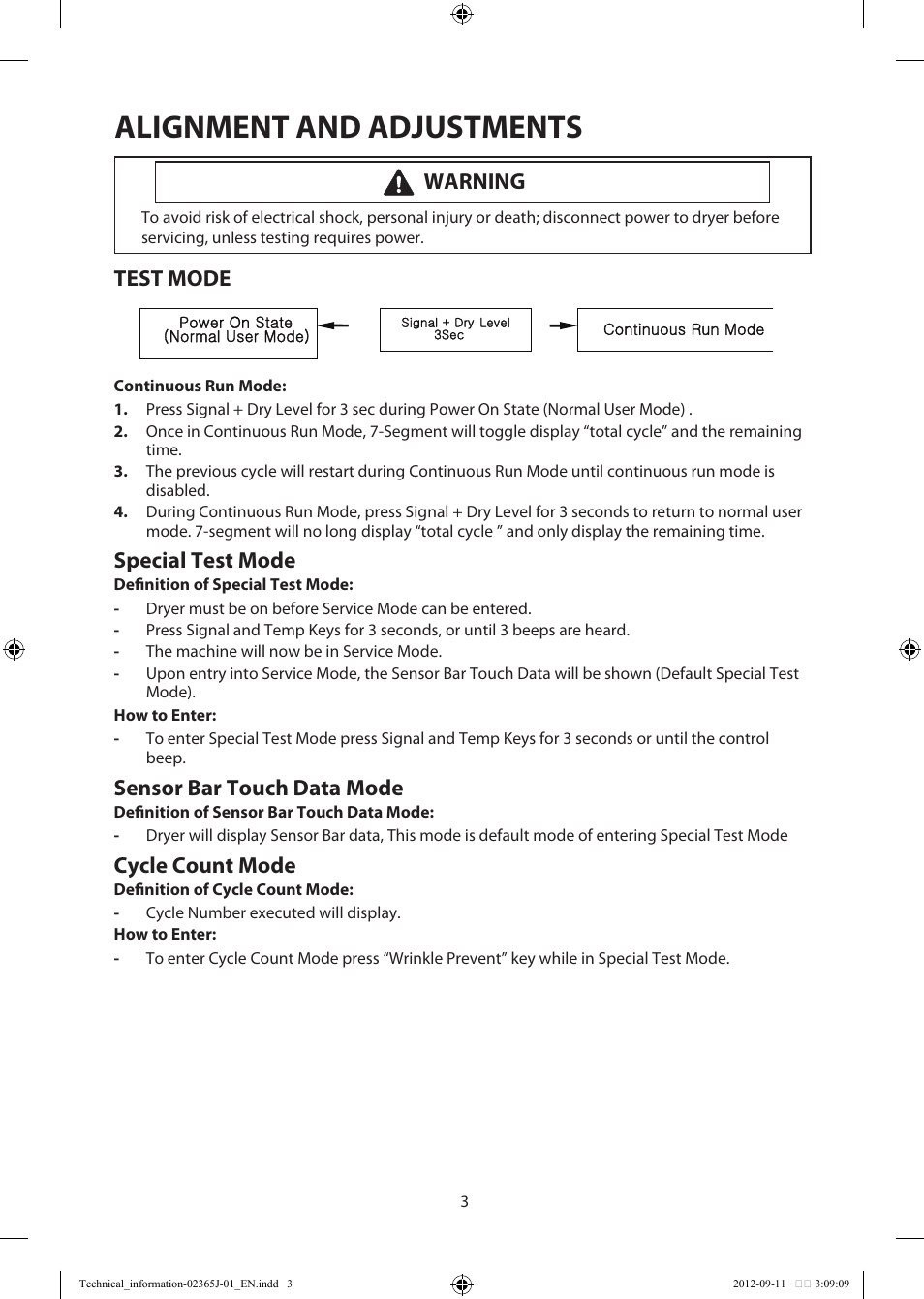 Alignment and adjustments, Test mode, Special test mode | Sensor bar touch data mode, Cycle count mode, Warning | Samsung DV361GWBEWR-A3 User Manual | Page 3 / 36