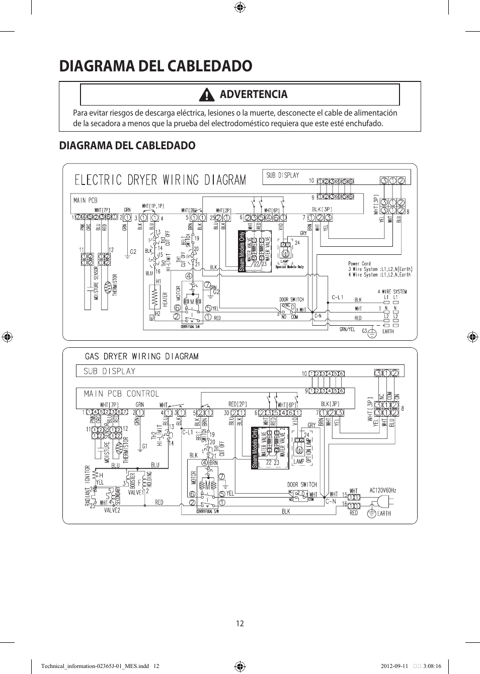 Diagrama del cabledado, Advertencia | Samsung DV361GWBEWR-A3 User Manual | Page 36 / 36