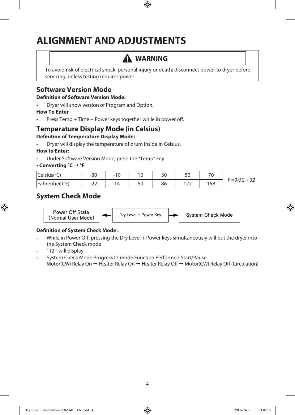Alignment and adjustments, Software version mode, Temperature display mode (in celsius) | System check mode, Warning | Samsung DV361GWBEWR-A3 User Manual | Page 4 / 36