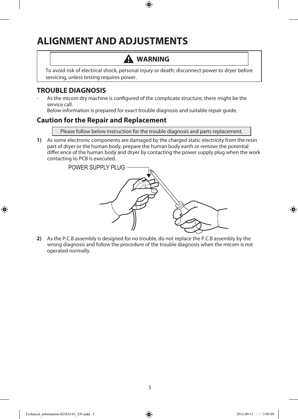 Alignment and adjustments, Trouble diagnosis, Caution for the repair and replacement | Warning | Samsung DV361GWBEWR-A3 User Manual | Page 5 / 36