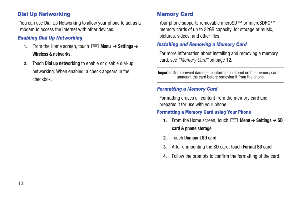 Dial up networking, Memory card, Dial up networking memory card | Samsung SCH-I400ZKOVZW User Manual | Page 101 / 183