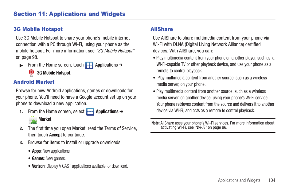 Section 11: applications and widgets, 3g mobile hotspot, Android market | Allshare, 3g mobile hotspot android market allshare | Samsung SCH-I400ZKOVZW User Manual | Page 103 / 183