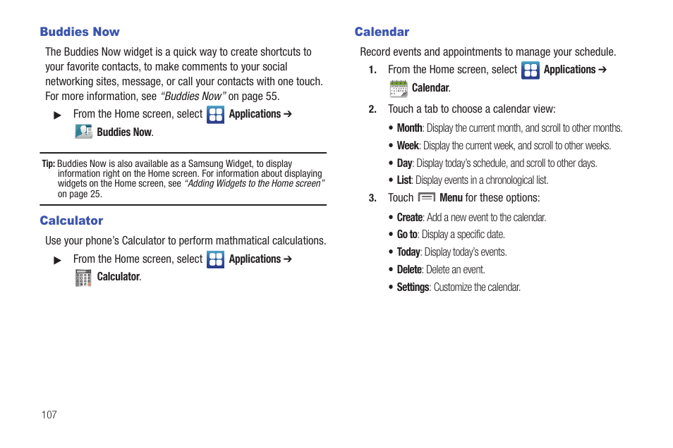 Buddies now, Calculator, Calendar | Buddies now calculator calendar | Samsung SCH-I400ZKOVZW User Manual | Page 106 / 183