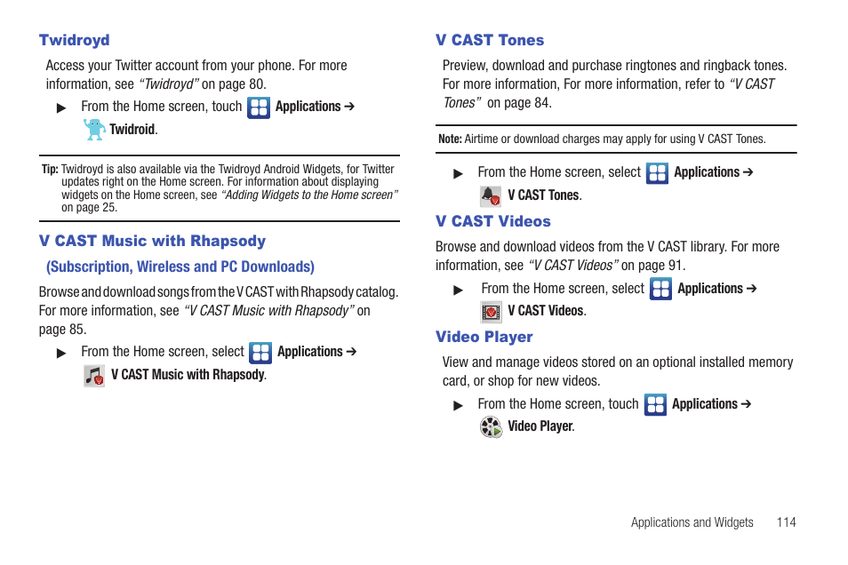 Twidroyd, V cast music with rhapsody, V cast tones | V cast videos, Video player, Twidroyd v cast music with rhapsody, V cast tones v cast videos video player | Samsung SCH-I400ZKOVZW User Manual | Page 113 / 183