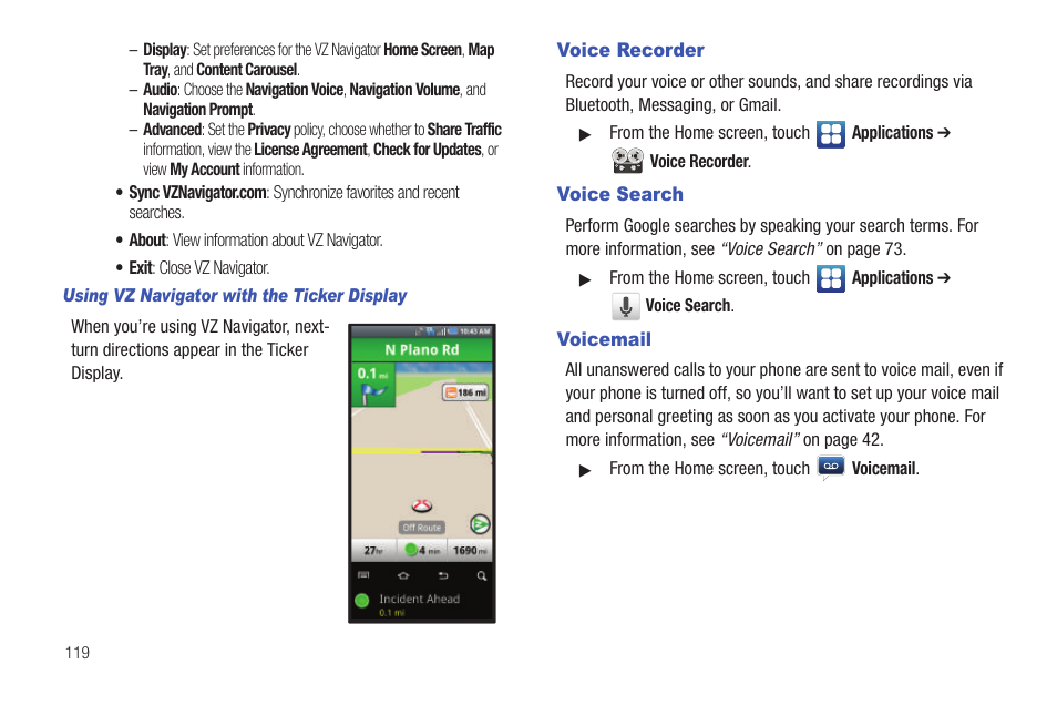 Voice recorder, Voice search, Voicemail | Voice recorder voice search voicemail | Samsung SCH-I400ZKOVZW User Manual | Page 118 / 183