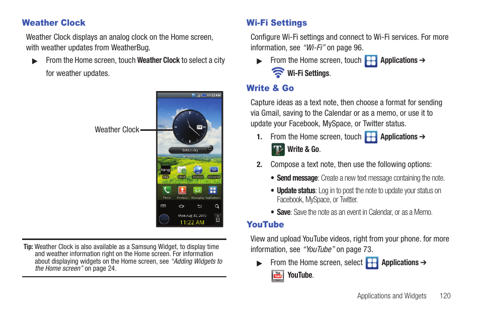 Weather clock, Wi-fi settings, Write & go | Youtube, Weather clock wi-fi settings write & go youtube | Samsung SCH-I400ZKOVZW User Manual | Page 119 / 183