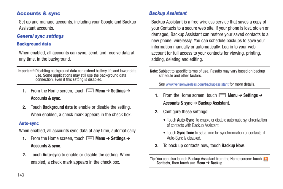 Accounts & sync | Samsung SCH-I400ZKOVZW User Manual | Page 141 / 183