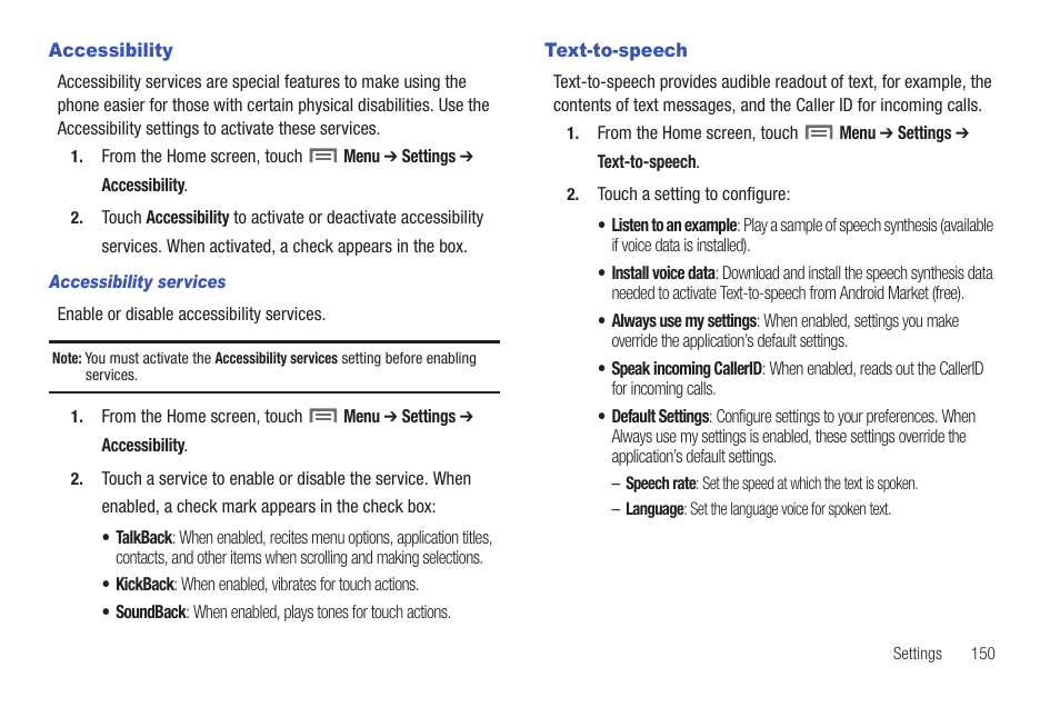 Accessibility, Text-to-speech, Accessibility text-to-speech | Samsung SCH-I400ZKOVZW User Manual | Page 148 / 183