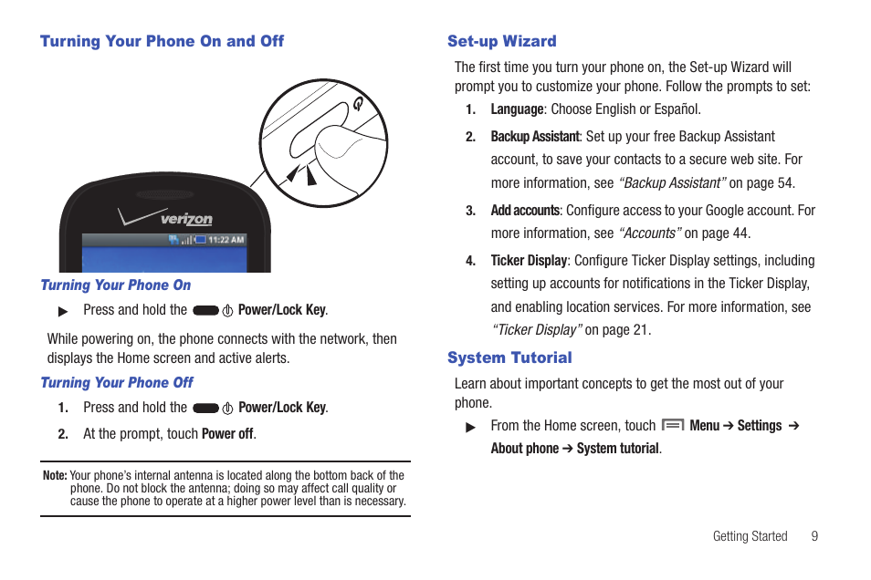 Turning your phone on and off, Set-up wizard, System tutorial | Samsung SCH-I400ZKOVZW User Manual | Page 15 / 183