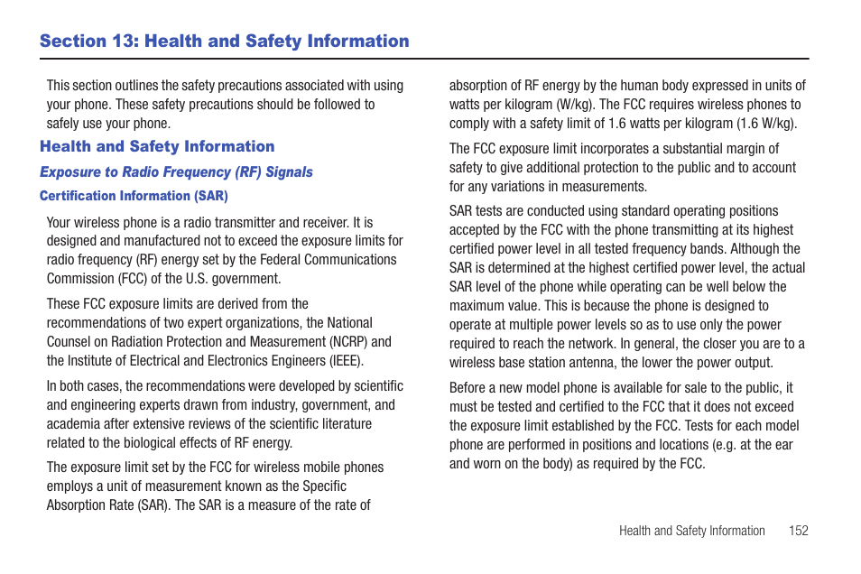 Section 13: health and safety information, Health and safety information | Samsung SCH-I400ZKOVZW User Manual | Page 150 / 183