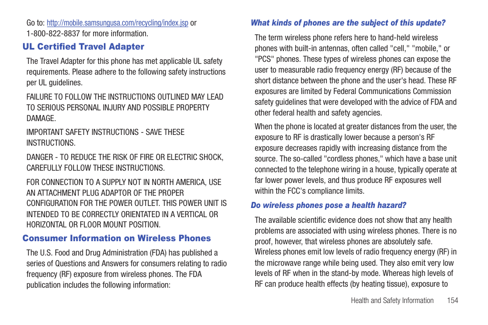 Ul certified travel adapter, Consumer information on wireless phones | Samsung SCH-I400ZKOVZW User Manual | Page 152 / 183