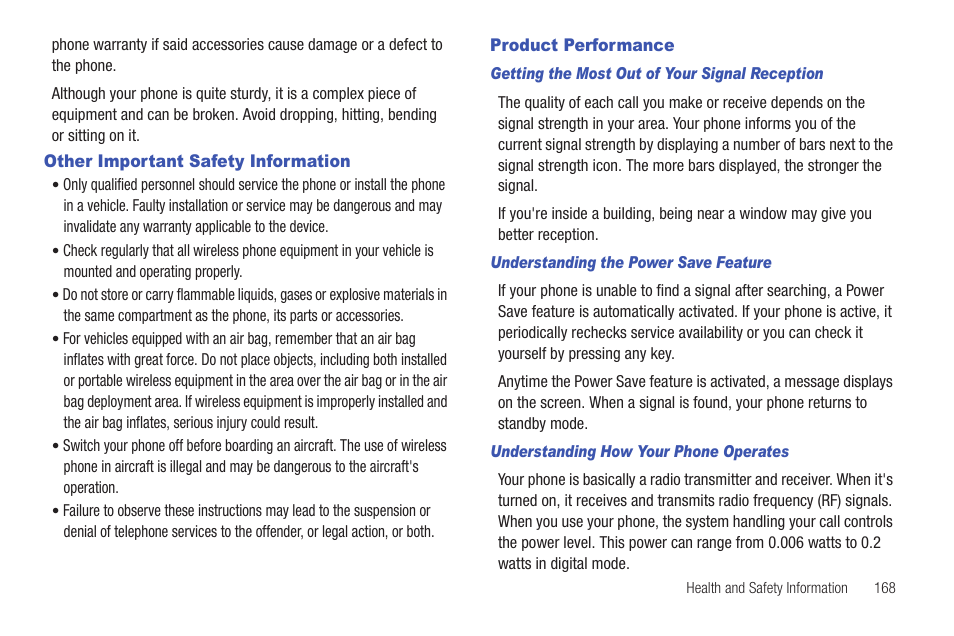 Other important safety information, Product performance | Samsung SCH-I400ZKOVZW User Manual | Page 166 / 183