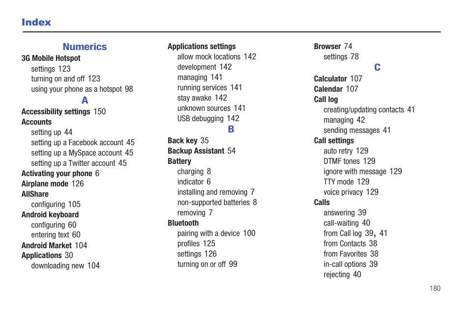 Index, Numerics | Samsung SCH-I400ZKOVZW User Manual | Page 178 / 183