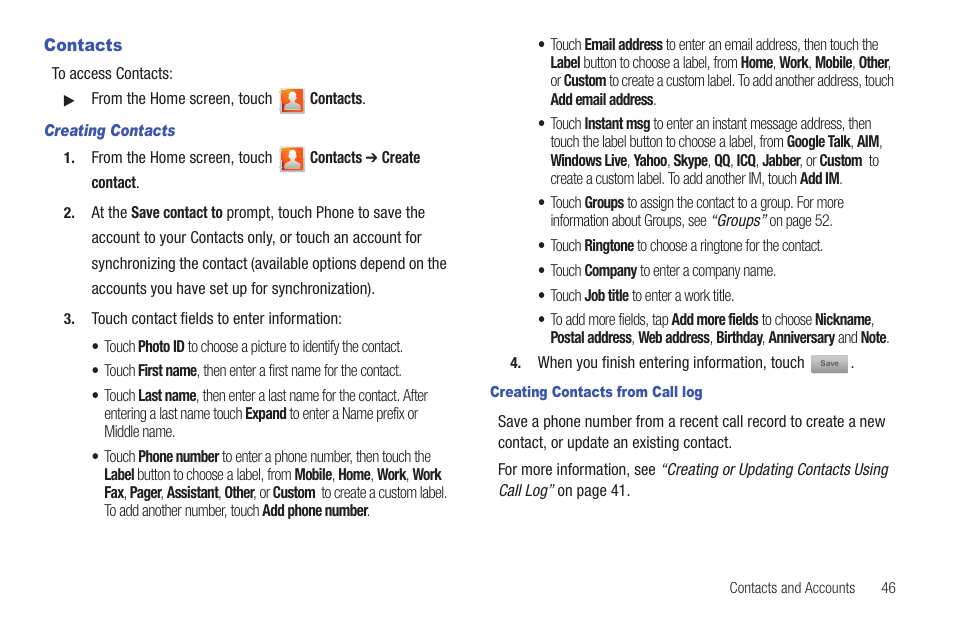 Contacts | Samsung SCH-I400ZKOVZW User Manual | Page 50 / 183