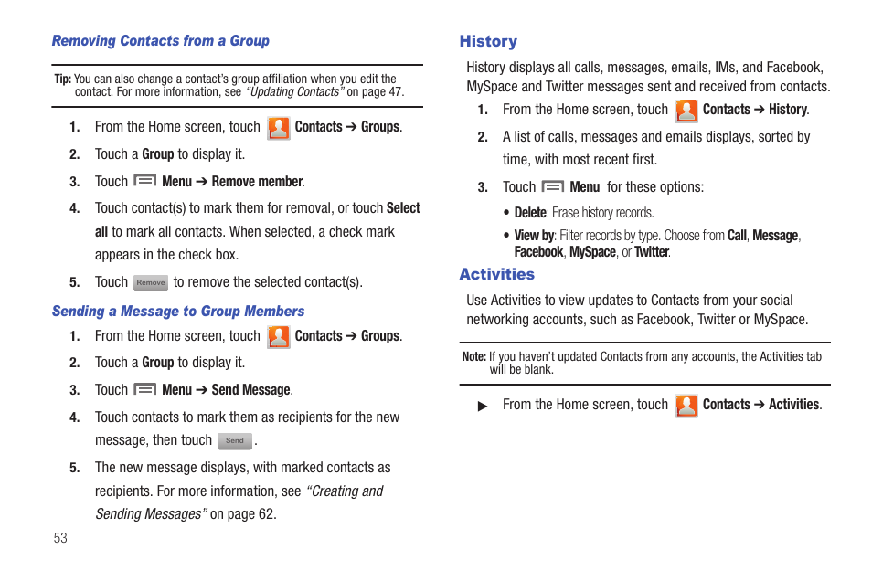 History, Activities, History activities | Samsung SCH-I400ZKOVZW User Manual | Page 57 / 183