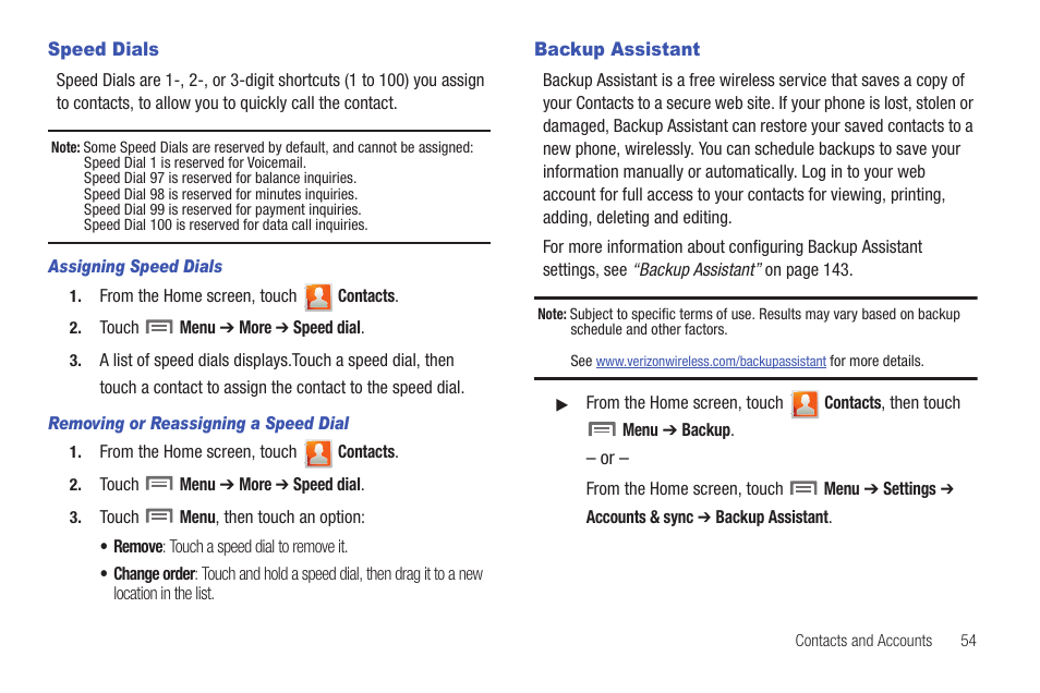 Speed dials, Backup assistant, Speed dials backup assistant | Samsung SCH-I400ZKOVZW User Manual | Page 58 / 183